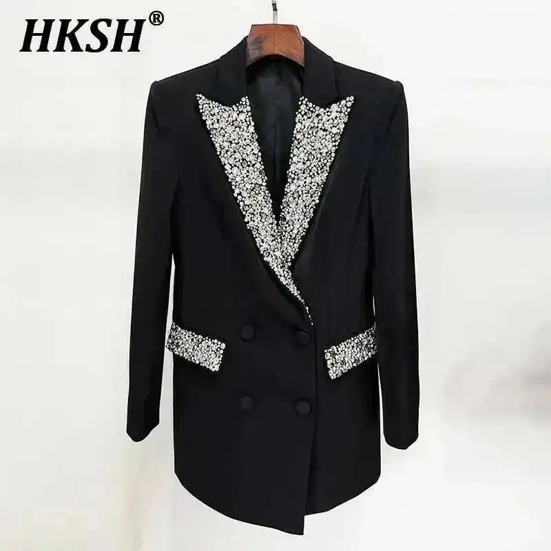 

HKSH Trendy Fashion Women's Tide Handmade Gorgeous Blazer Heavy Industry Nail Bead Inlaid Diamond Slim Medium Length Coats H2699