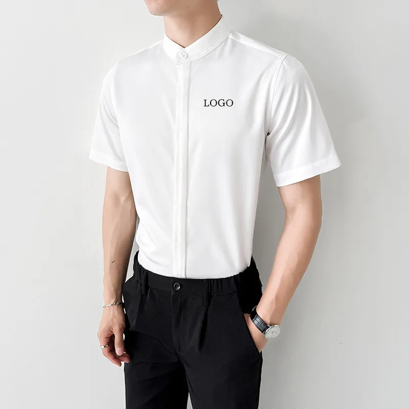

Повседневная мужская рубашка с круглым вырезом и коротким рукавом из полиэстера, модная, несминаемая, приталенного кроя, для молодежи