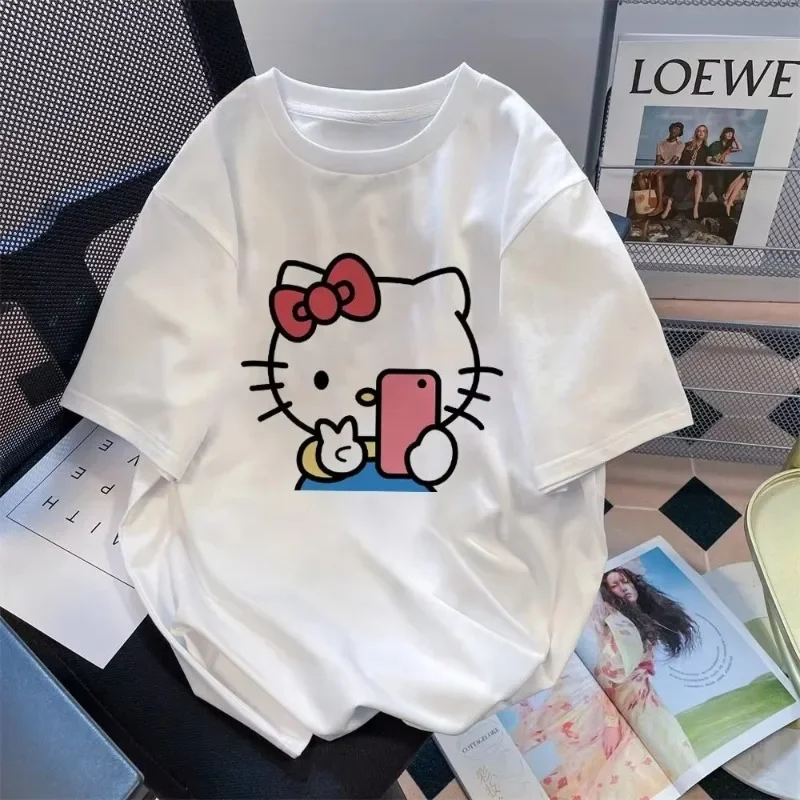 Camiseta de manga corta de algodón con bonito gatito de dibujos animados de Disney para hombre y mujer, Top holgado informal versátil con estampado de verano