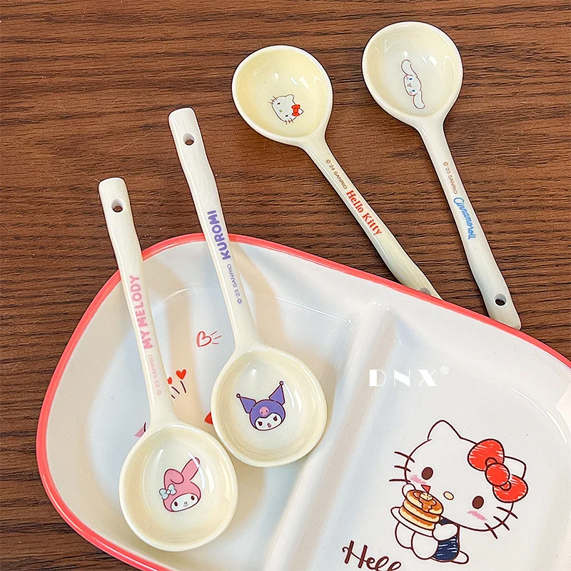 Sanrio Cinnamoroll Hello Kitty Ceramic Long Handle Soup Spoon Cute Cartoon My Melody Household Soup Spoon Tableware Girls Gift