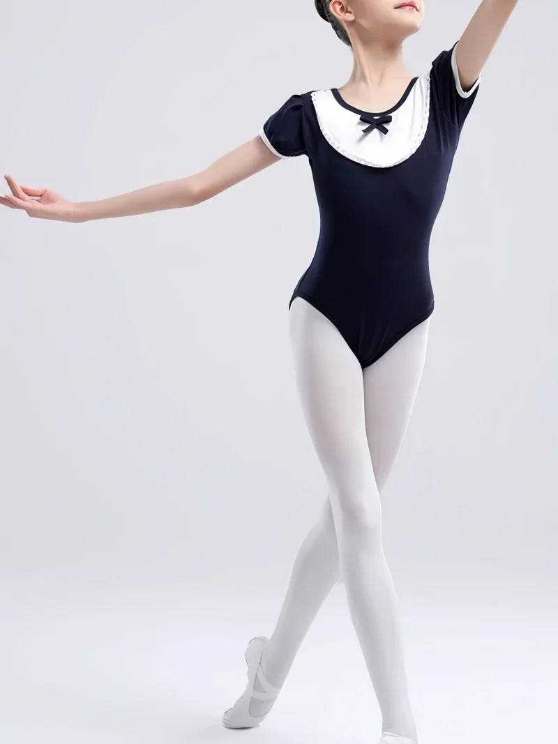 S.lemon Kinder Mädchen Tanztrikot aus Peru-Baumwolle im Lolita-Stil, Puppenkragen, Puffärmel, Ballett, Gymnastik, Übungsoutfit