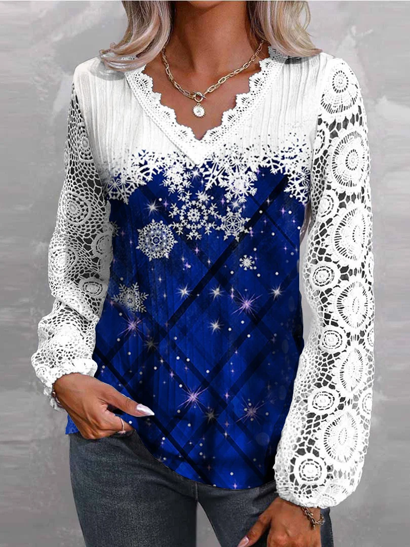 Plus Size Women Long Sleeve V-neck Floral Printed Polka Dot Lace Christmas Tops