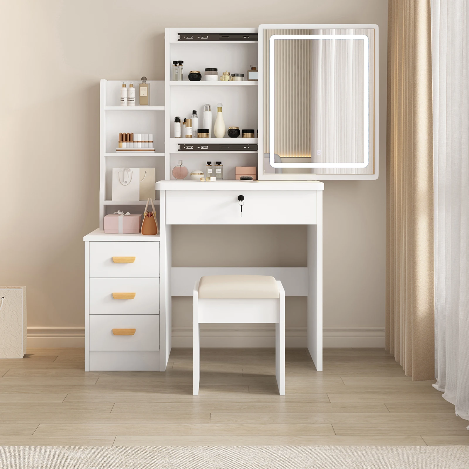 Vanity Desk, Makeup Vanity Desk with Sliding Mirror and Lights, Makeup Vanity Set with Drawers, Stool and Open Shelves, 3 Color Lighting Modes, Brightness Adjustable Dressing Table for Bedroom, White
