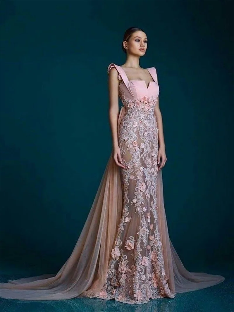 Pink Champagne Mermaid Prom Dress Sexy Strap Backless Appliqued Evening Party Gown Sleeveless Overskirt Custom Made Lace Up Back