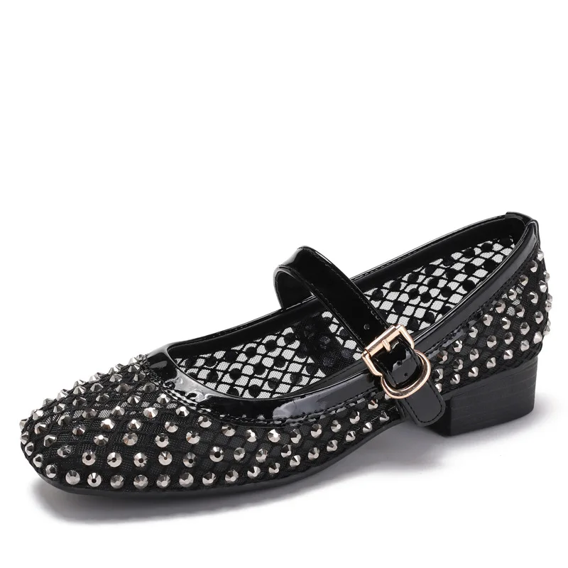 Mesh Rhinestone Chunky Heel Sandals for Women Square Toe Buckle Details Breathable Mary Jane Shoes Shiny Ballet Designer Shoes