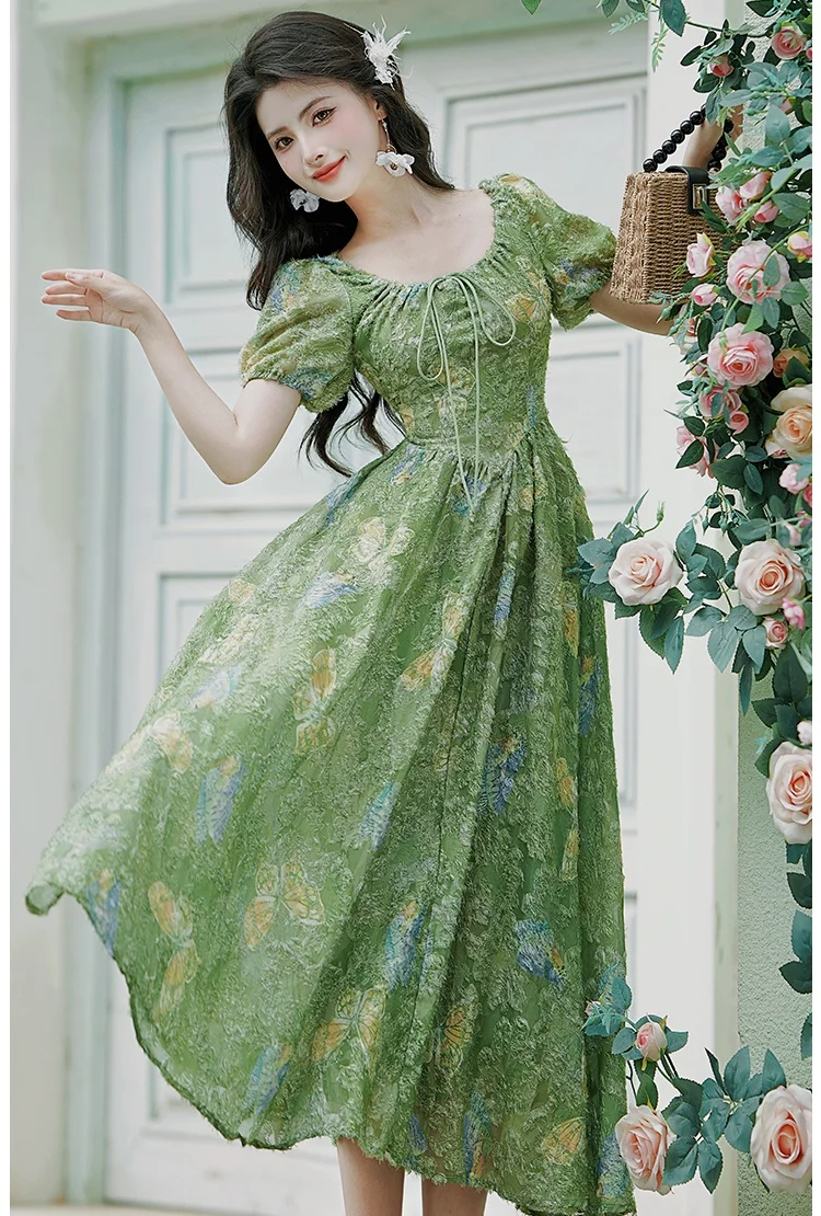 Summer Ladies Butterfly Green Dress Woman Vintage Chic Design Slash Neck Puff Sleeve Fairy Princess Dresses Vestido Festa