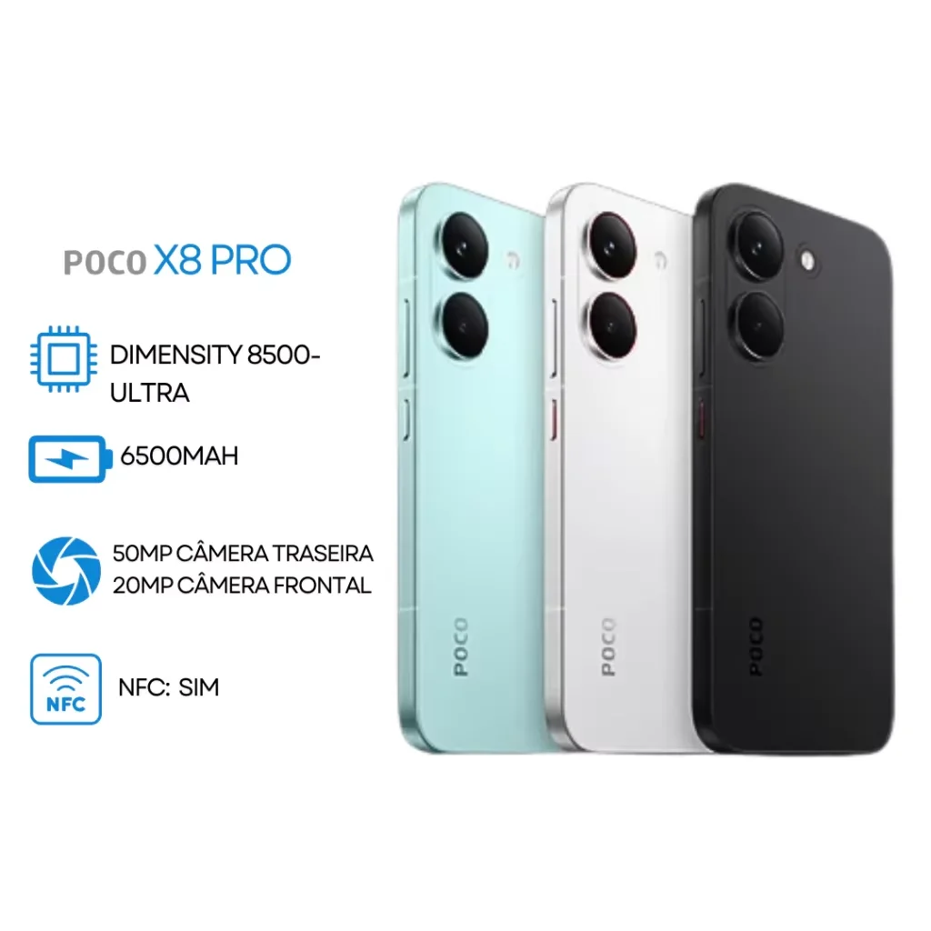 Poco X8 PRO 5G, 512GB/12GB, MediaTek Dimensity 8500-Ultra, Bateria de 6500mAh, Câmera de 50MP, Versão Global