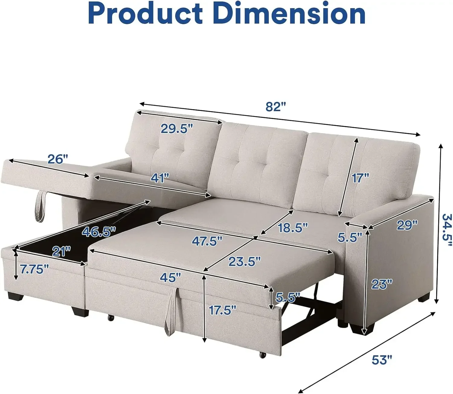 Sofá chaise en forma de L con almacenamiento y cama extraíble, cómodo sofá cama seccional multifuncional, color beige