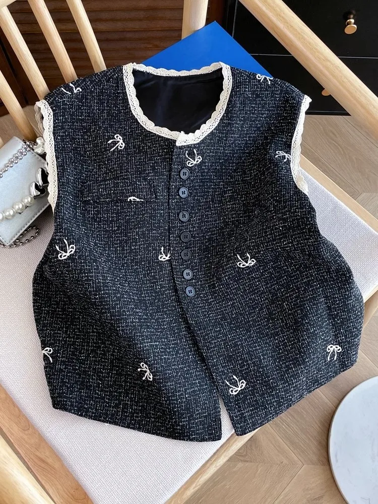 

Французский шикарный твидовый шерстяной жилет для женщин с бантом и вышитым воротником, однорядный, облегающий, женский, весна-осень 2022, элегантный повседневный топ