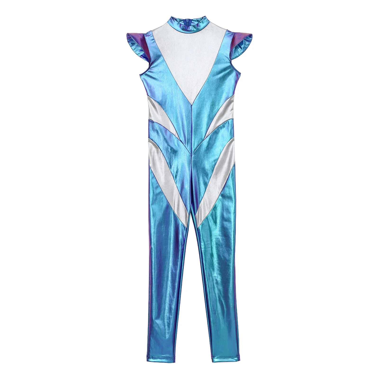 Kids Fly Sleeve Metallic Shiny Alien Jumpsuit Ballet Dance Leotard Robot Astronaut Space Cadet Costume for Halloween Theme Party