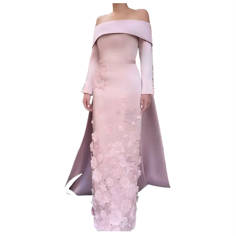 Maßgeschneidertes elegantes rosa Satin-Abendkleid, moderner U-Boot-Ausschnitt, schulterfrei, lange Ärmel, Partykleid, modische Promi-Kleider