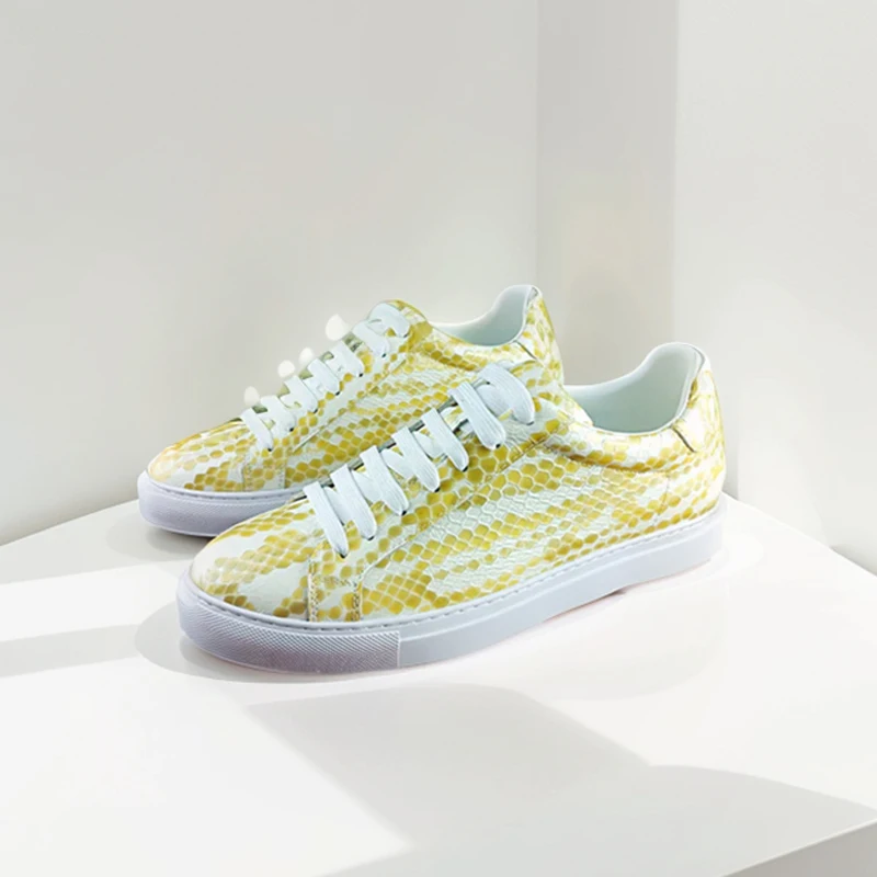 

Yellow Crocodile Pattern Flats Men's Cow Leather Round Toe Lace-up Low-Top Casual Shoes Luxury Flat Business Sneakers Handmade