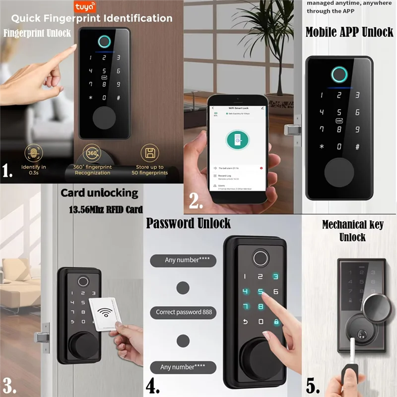 AAAEL-Tuya App Remote Control Smart Door Lock Indoor House Electronic Lock Deadbolt Withkeys Lock