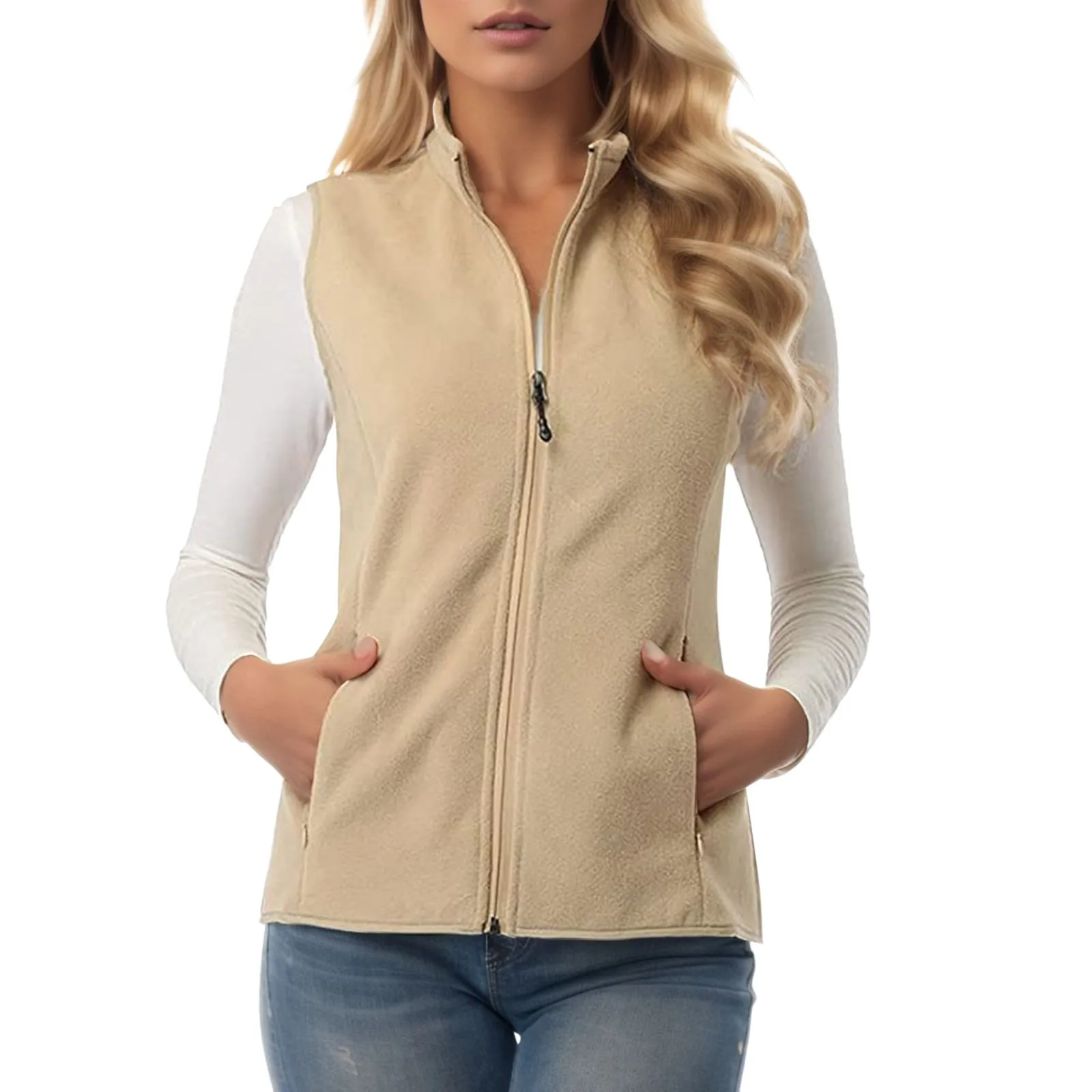 Chaleco de lana sin mangas para mujer, abrigo con cremallera completa, cuello levantado, chaqueta de terciopelo, chaleco sin mangas para exteriores, Top de invierno