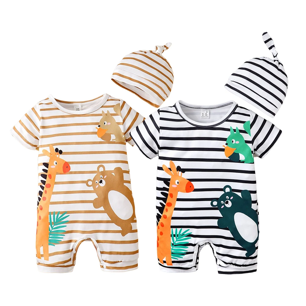 3-24Months Newborn Baby Boy Girl Cute Animal Pattern Romper with Hat Striped Short Sleeve Jumpsuit 2Pcs Clothing Suit