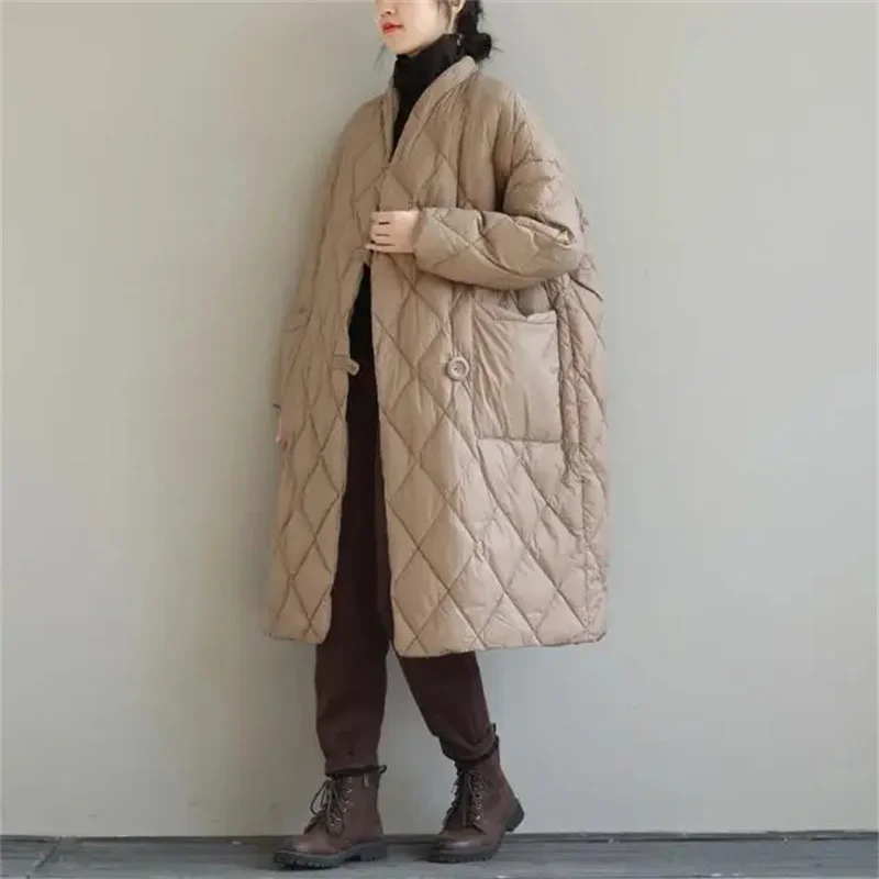 Large Women's Autumn And Winter Loose Literary Stand Collar Solid Diamond Plaid Medium Length Knee-Length Warm Down Jacket Long