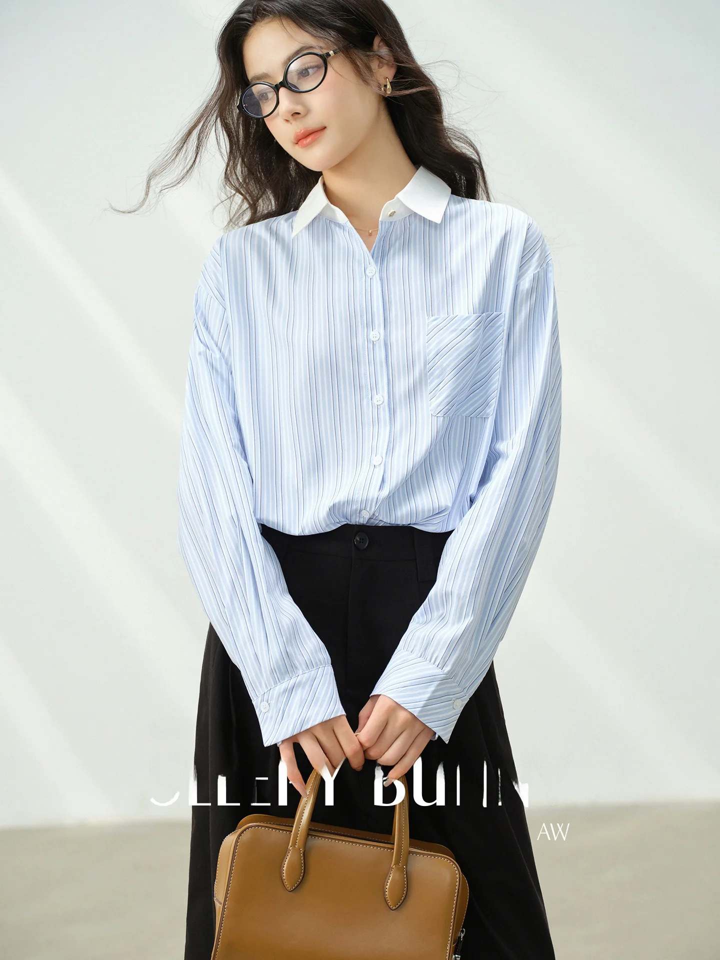 

bunny Casual Sle Loose Fit Striped irt Women's Autumn Loose Layering Career Commute Casual irt Blue Color Blo Collar