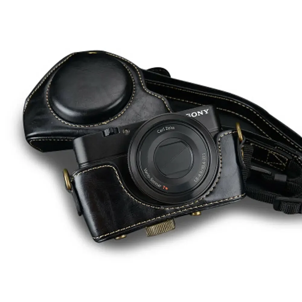 PU Leather Case Cover for RX100 Mark II III IV V M2 M3 M4 M5 M6 M7 with Screw Buttom Case Strap Shoulder Bag