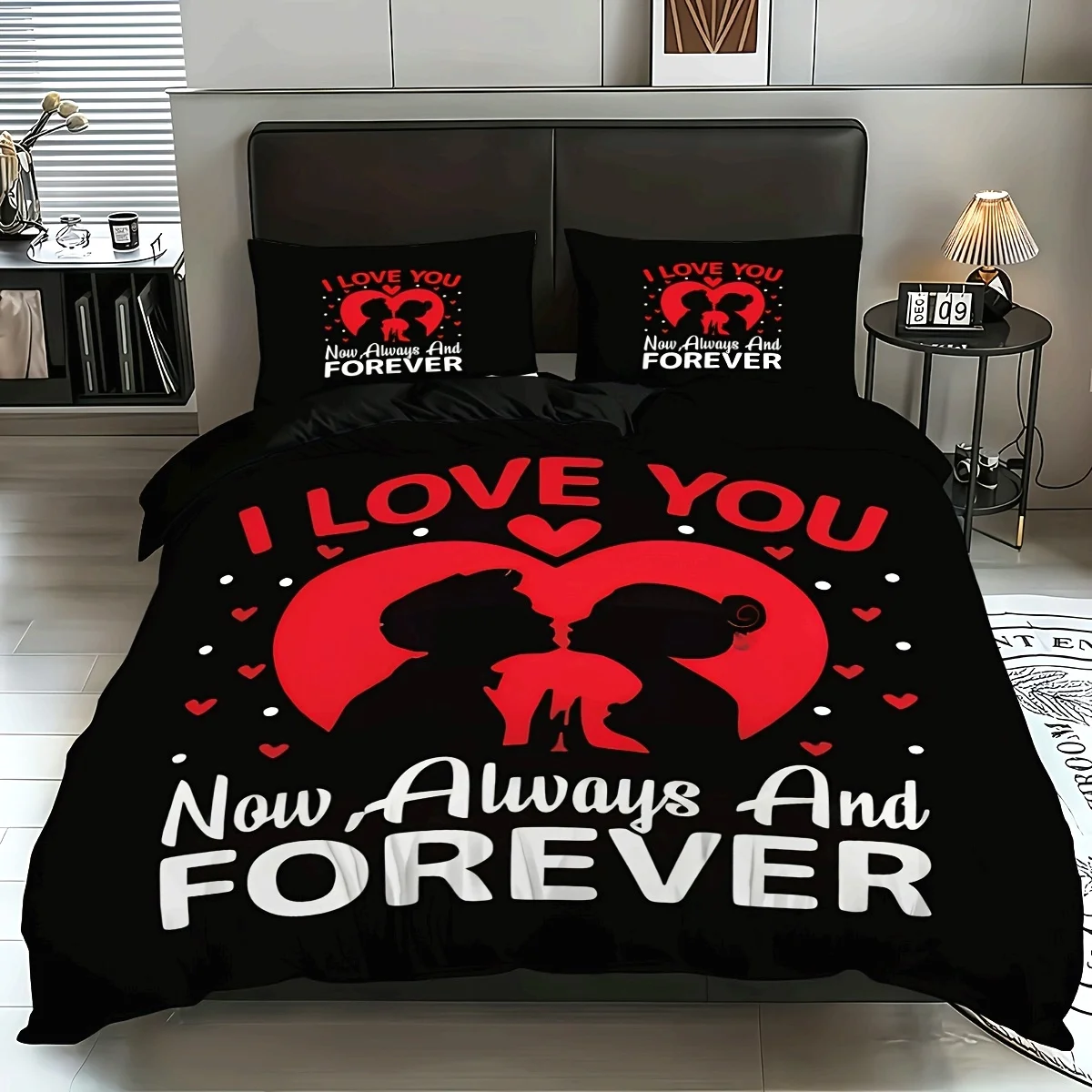 

3pcs/set includes 1 comforter set + 2 pillowcases, without pillow core, Valentine'S Day Bedding Set with Love, Rose Flowers