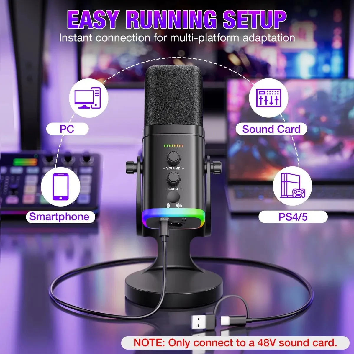 USB/XLR Dynamic Microphone for Gaming Streaming | Podcast Mic with RGB Light, Mute Button, Headphones Jack, Desktop Stand view 6
