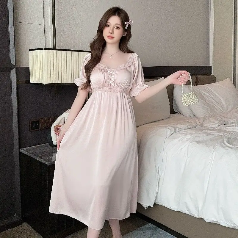 

2026 Summer Short Sleeve Sexy Lace Lingerie Silk Satin Nightgowns for Women Korean Cute Sleepwear Nightdress Night Dress Nighty