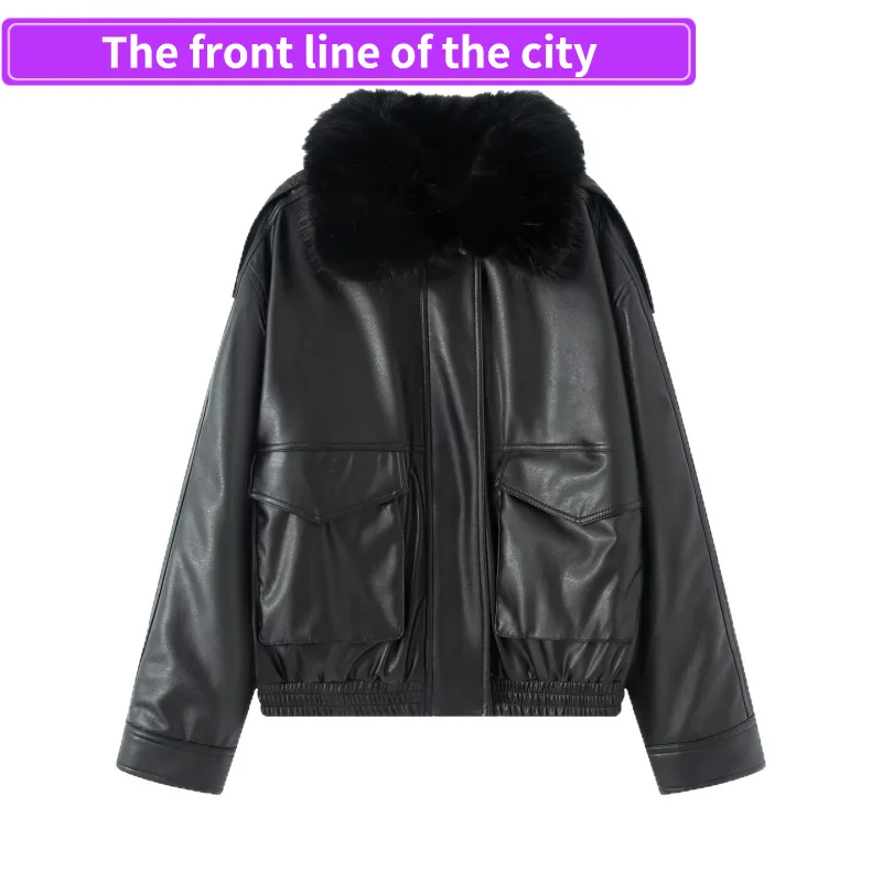 Modische, lockere Lederjacke für Damen, Street-Style, Kunstleder, Winter, warm, Reißverschluss, lange Jacke für Damen