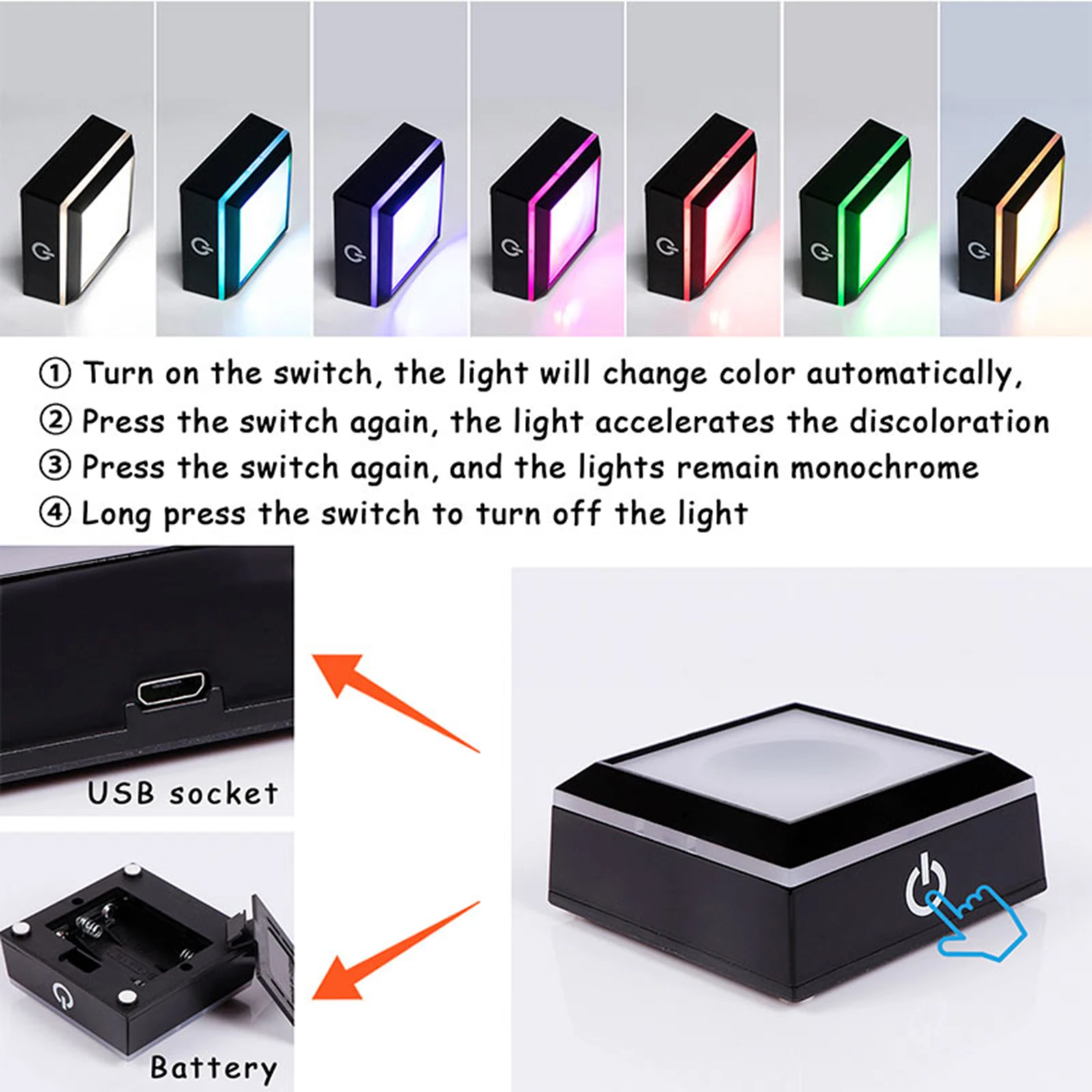 LED Light Base Lights Display Holder USB Powered Base Stand Glass Art Colorful Lighted Square Stand Display Plate