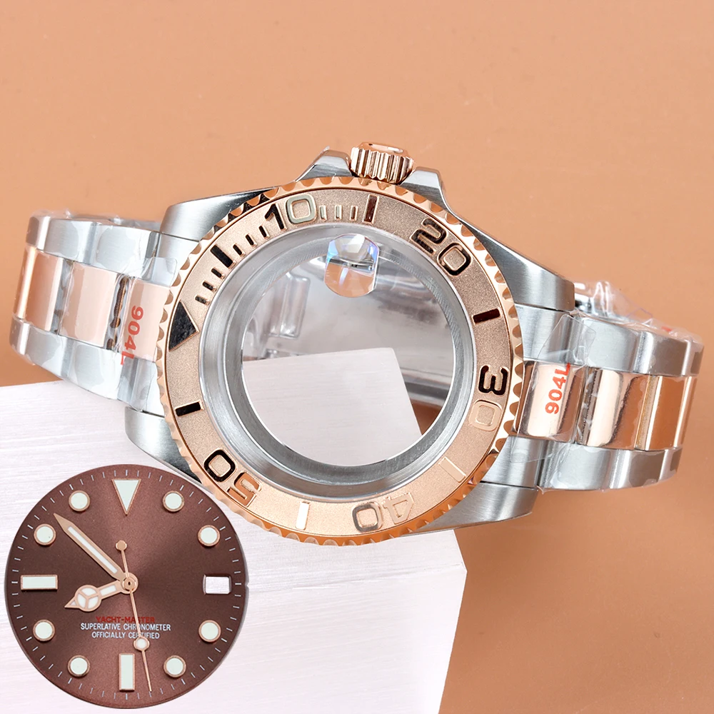 

28.5mm Brown NH35 dial Hands Blue Luminous 40mm Rose Gold Watch Case Oyster Bracelet For NH35 NH36 Movement Sapphire Glass