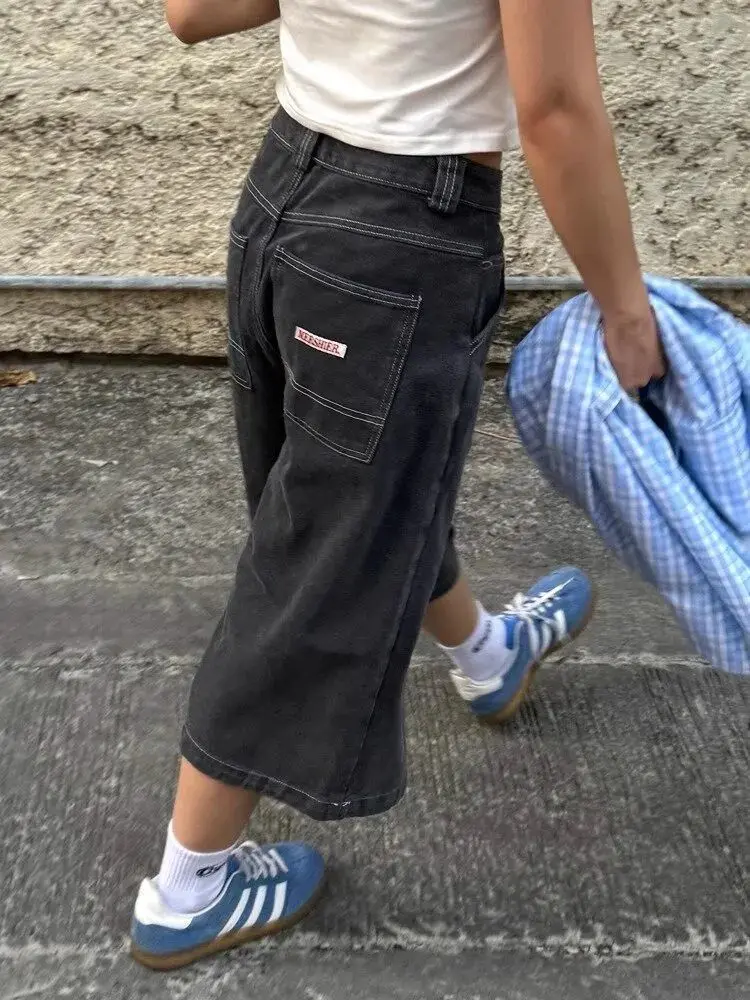 ADAgirl Vintage Black Denim Shorts Women Low Waisted Oversized Make Old Straight Wide Leg Summer Jeans Pants Kpop Causal Bottoms