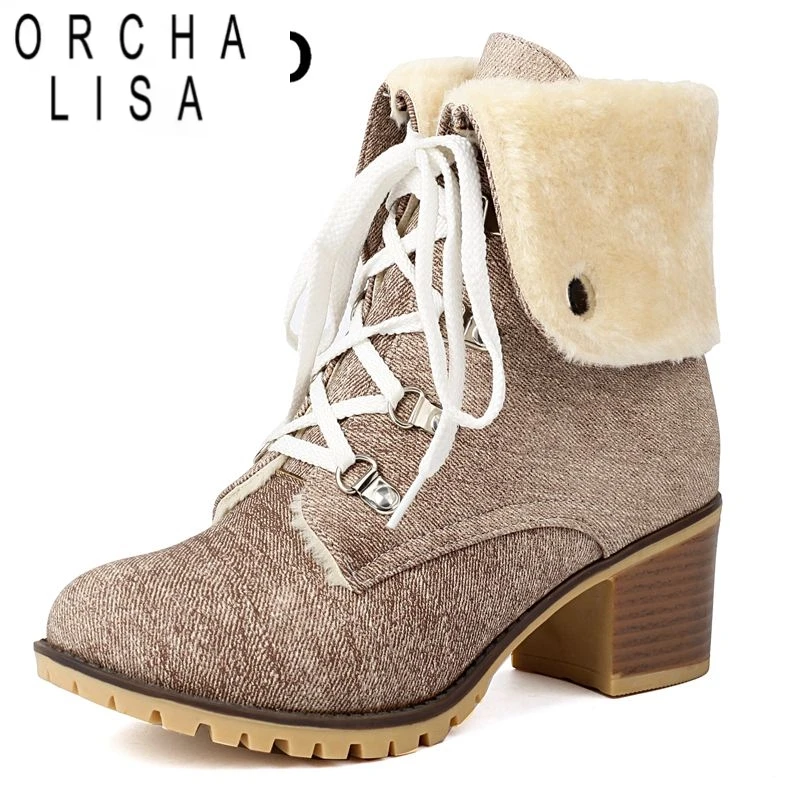 

ORCHA LISA Зимние женские ботильоны на меху для отдыха, повседневные женские зимние ботильоны, повседневные, популярные, с круглым носком, на массивном каблуке, на шнуровке, большие размеры
