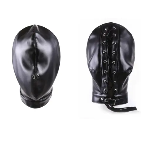 Sexy Unisex Women Men Cosplay Face Mask Halloween PU Leather Drawstring Full Masks Hood for Role Play Costumes Black