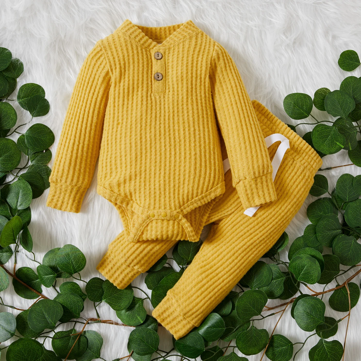 

2pcs Solid Waffle Long-sleeve Baby Set