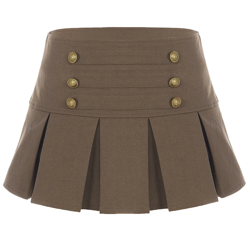 retro street style double breasted pleated low waist skirt fashionable casual spicy girl style short skirts for women