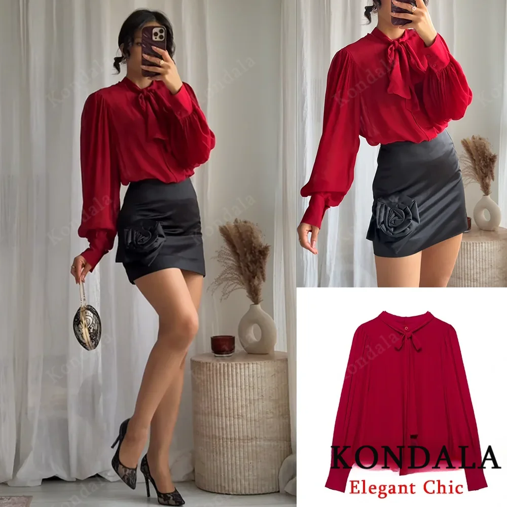 

KONDALA Women Elegent Red Shirt Bow Tie Long Sleeve Shirt New 2025 Fashion Spring Fall Commuter Date Party Fromal Charmin Shirt