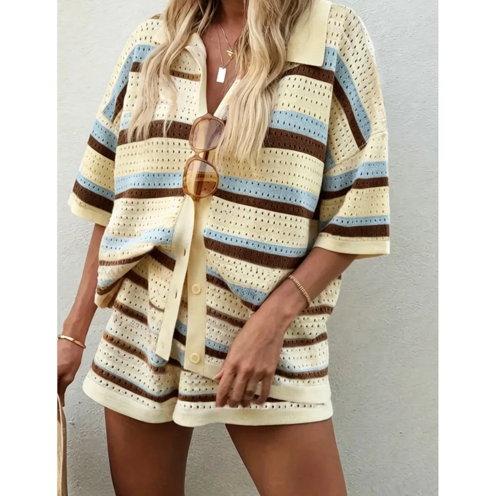 Women Hollow Out Knit Shorts 2 Piece Set Vintage Stripe Lapel Short Sleeve Button Cardigan Shorts Casual Beach Outfit Track Suit