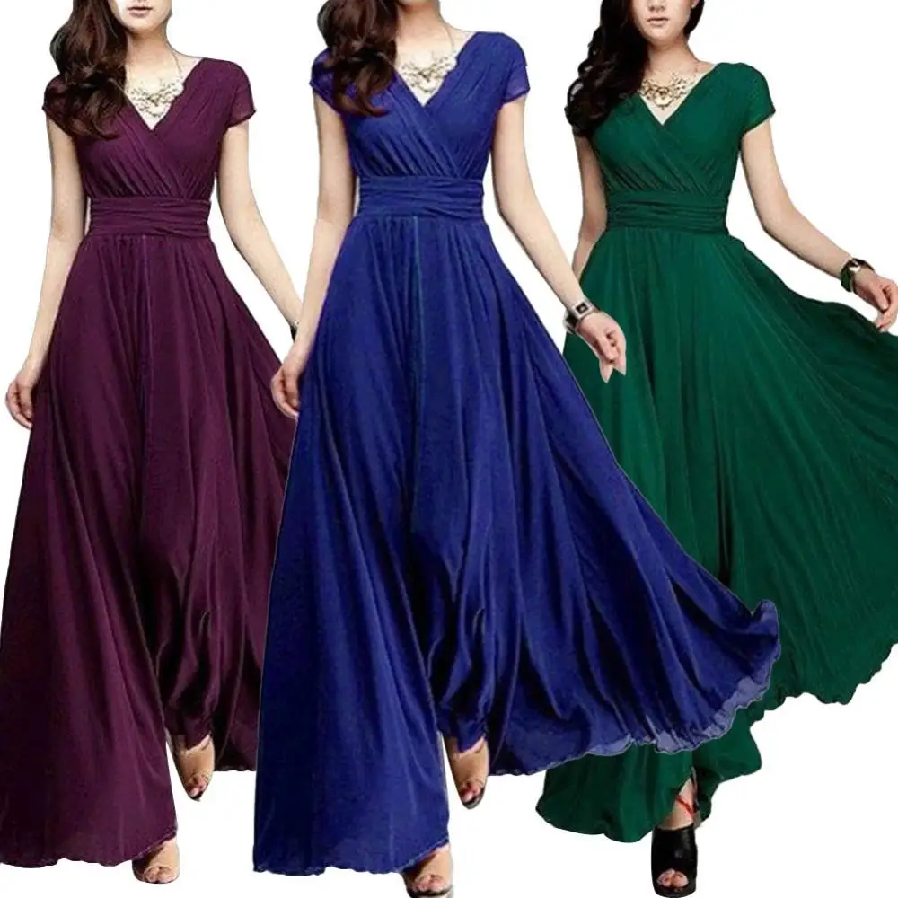 

New Women Dress Plus Size Solid Color Women Party Gown V Neck Short Sleeve Slim Fit Maxi Dress