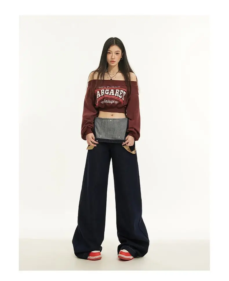 Amerikanische Retro-Denim-Overalls für Frauen im Frühling und Sommer, neue, altersreduzierende, schlankmachende, lockere Hose mit weitem Bein und hoher Taille