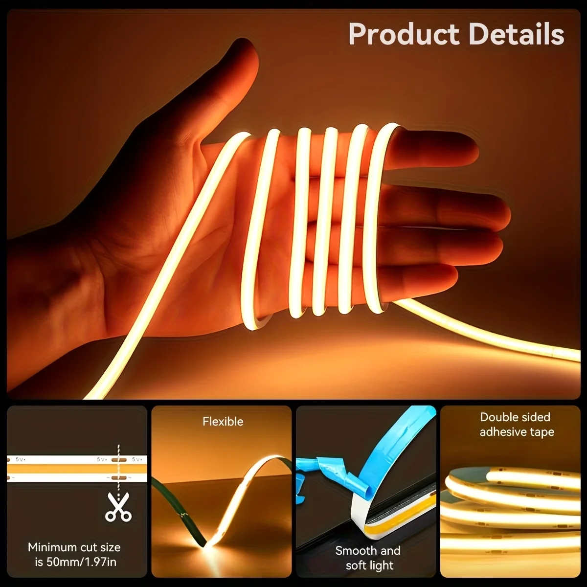0.3m to 5m Flexible Cob Light Strips Led Light Strips Equipped with Physical Button Switches, Easy to Install, Can Be Cut to Any Length, Suitable for Mirror Tv Backgrounds, Photo Frame Decoration, Cabinet and Home Deco