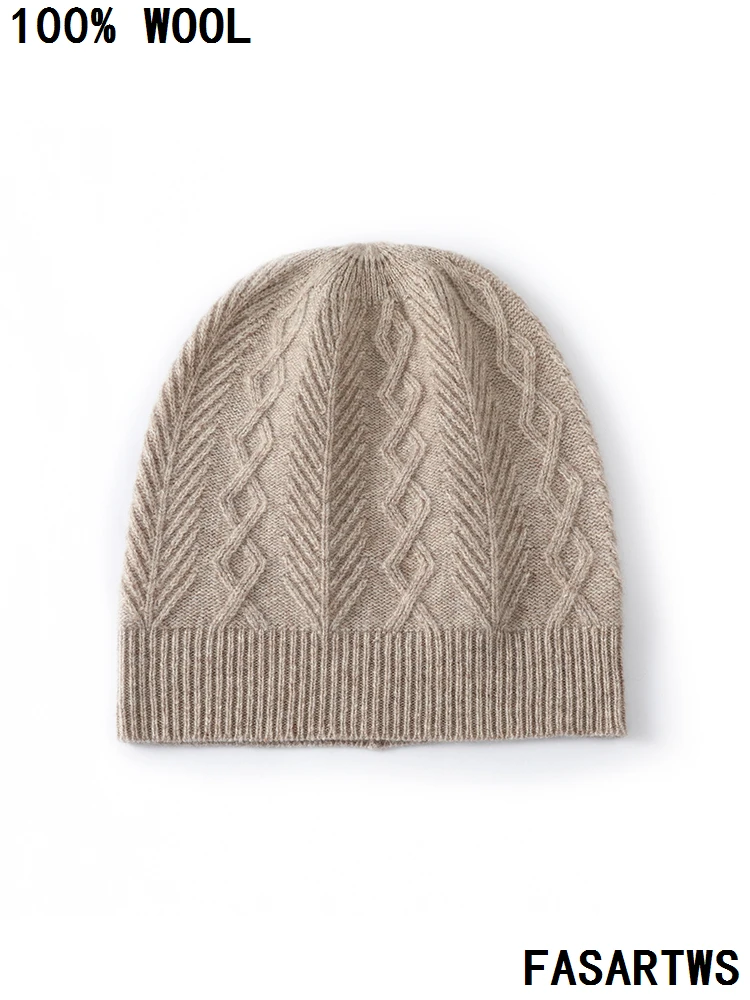

FASARTWS High-Quality Thick 100% Merino Wool Unisex Casual Hat Winter Outdoor Warm Knit Beanie Solid Color Soft Cap Men/Women