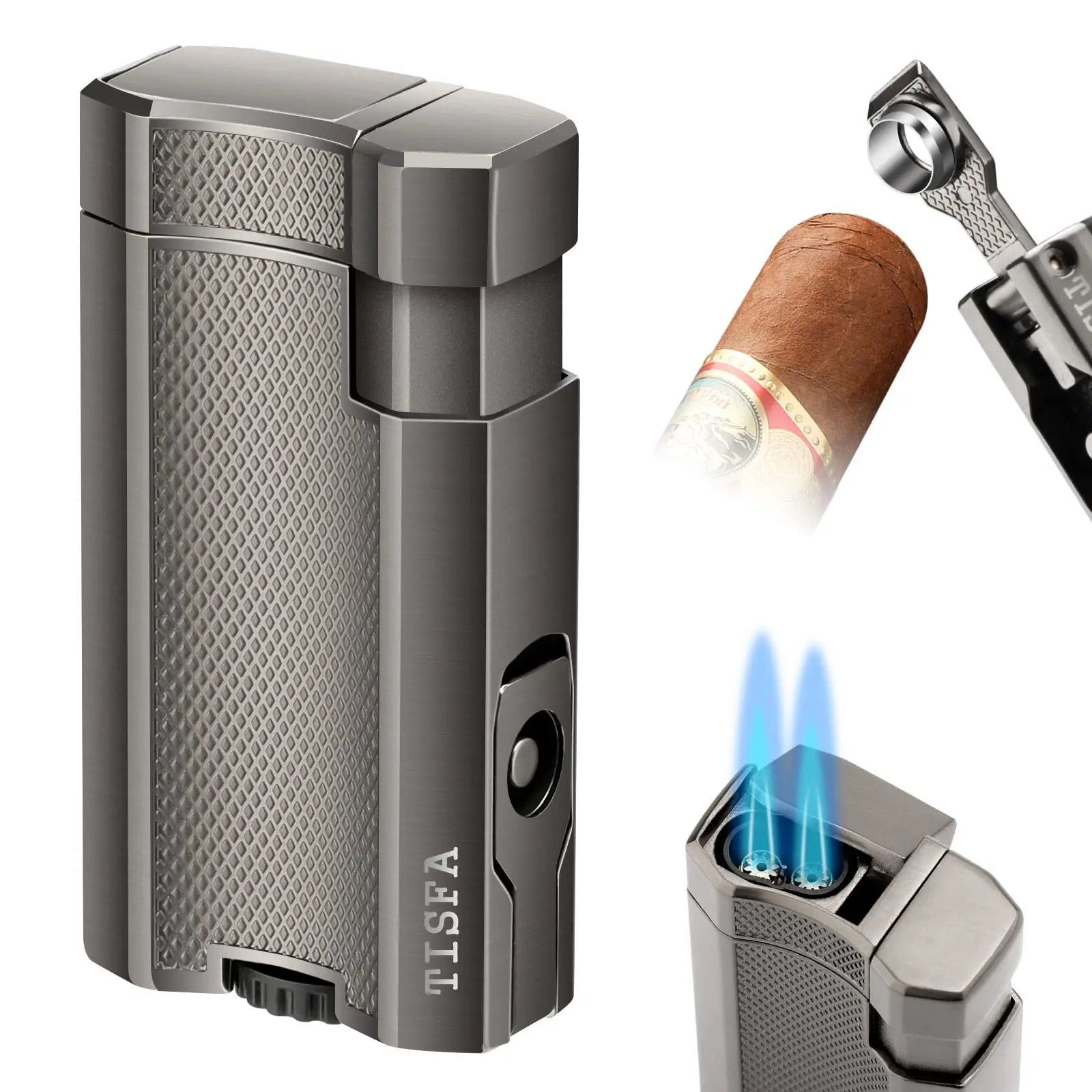 

Cigar Lighter Double Jet Flame Butane Torch Lighter,Built-in Cigar Punch,Cigar Holder,Windproof Pocket Butane Lighter Smoking