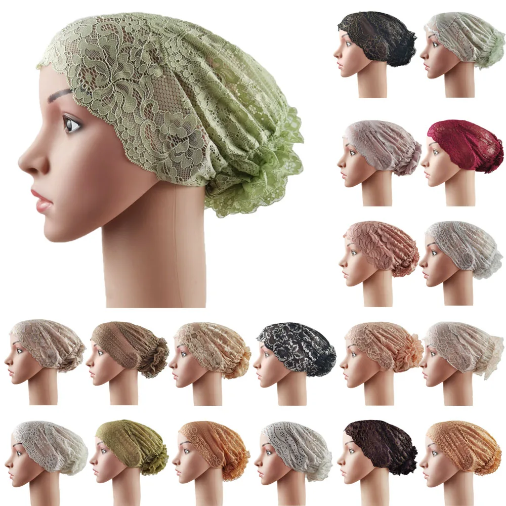 

Women Muslim Elastic Lace Bandage Hat Muslim Inner Caps Islamic Indian Turban Cancer Headwear Underscarf Hats Middle East