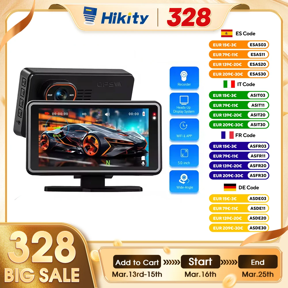 Hikity Afficheur tête haute HUD 5 pouces pour voiture, version transfrontalière, affichage de la vitesse et prise en charge de la caméra embarquée, enregistrement en boucle sur carte TF