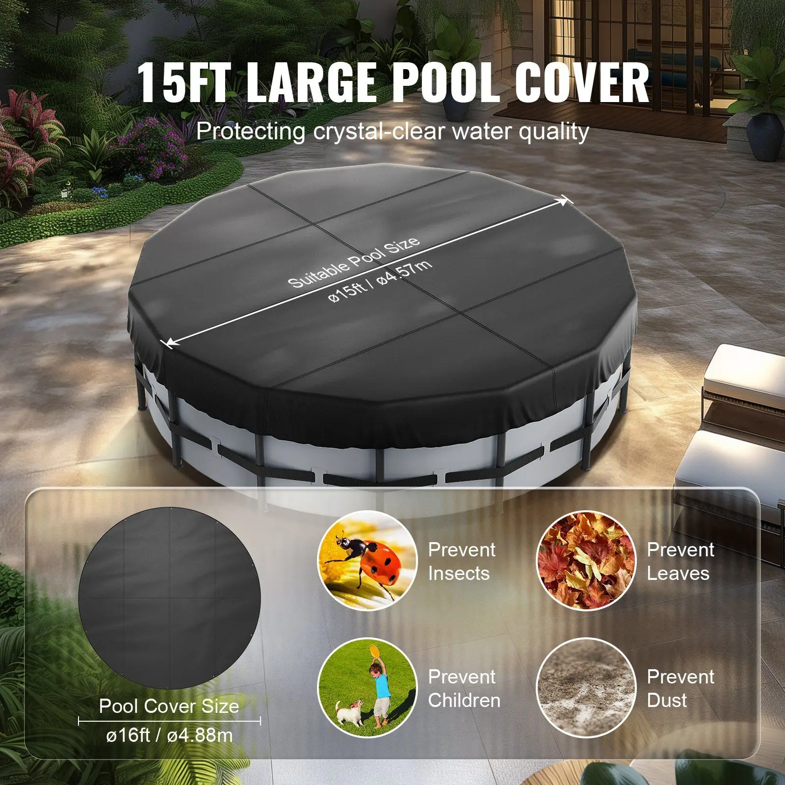 Couverture solaire ronde pour piscines hors sol, tissu Oxford 420D, couverture de piscine de sécurité avec design Wstring de proximité, nouvelle fédération 15