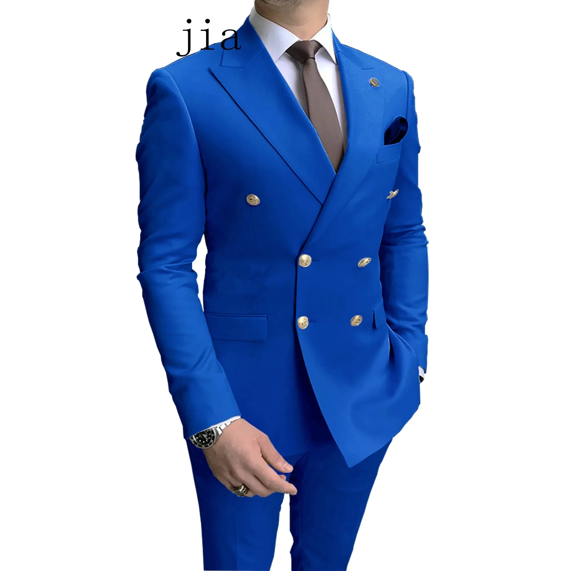 2024 Casual Sky Blue Men Suits Double Brested Peak Lapel  Gold Button Groom Wedding Tuxedos Best 2 Pcs Blazers Jacket Pants Set