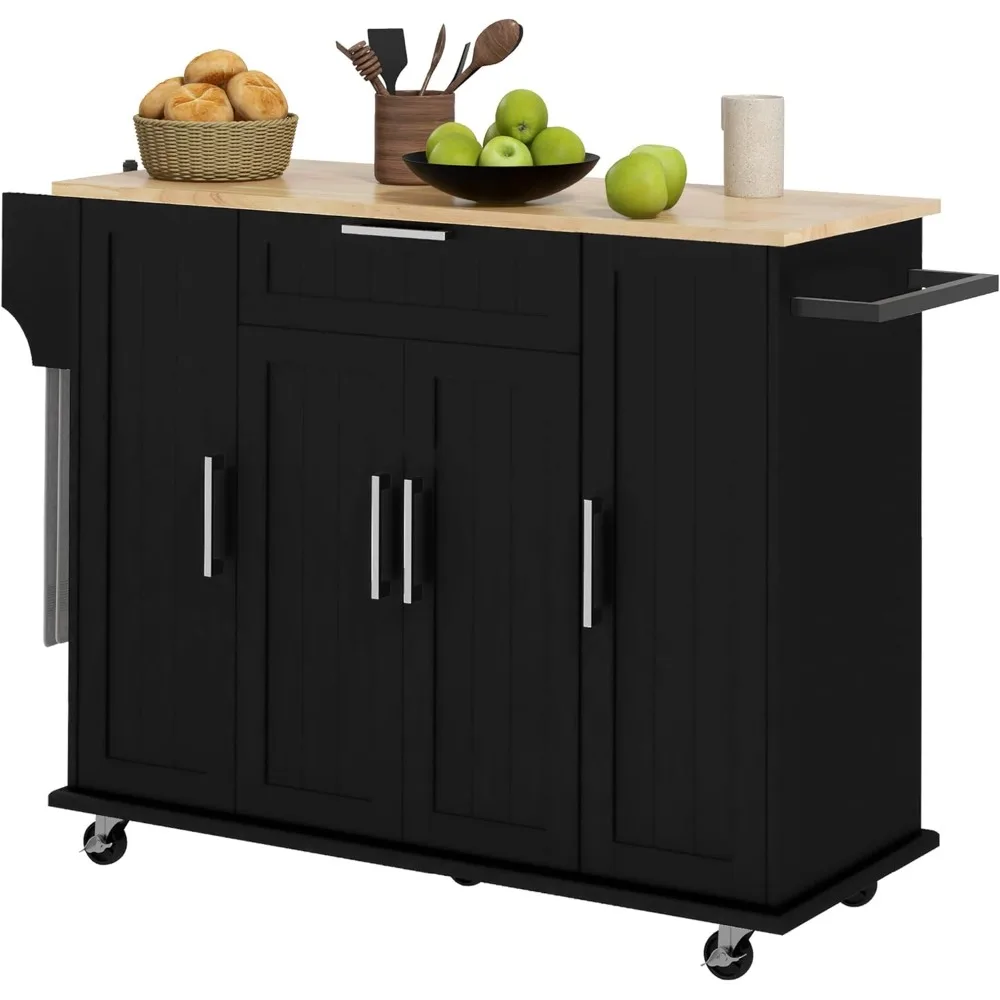 Kitchen Island on Wheels, Rolling Kitchen Cart with Rubberwood Top, Drawer, Spice Rack, Towel Rack, Storage Cabinet