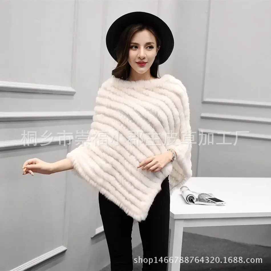 Rabbit Hair Woven Fur Women's Clothing Triangular Shawl Haining Fur Knitted Shawl O-neck Pullover Solid Fashion Slim Fur Tops1Pc