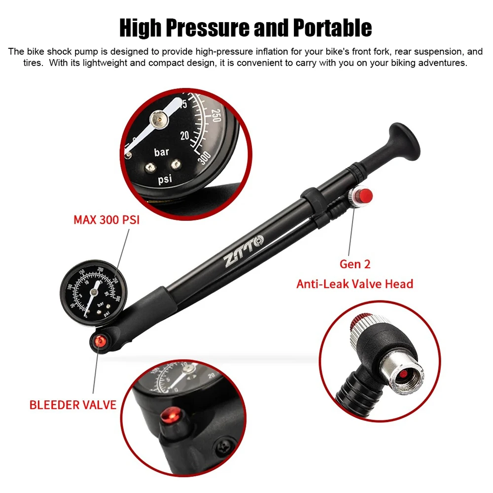 Bike Shock Pump with Pressure Gauge 0-300PSI/20BAR High Pressure Air Pump Schrader Valve for Front Fork & Rear Suspension