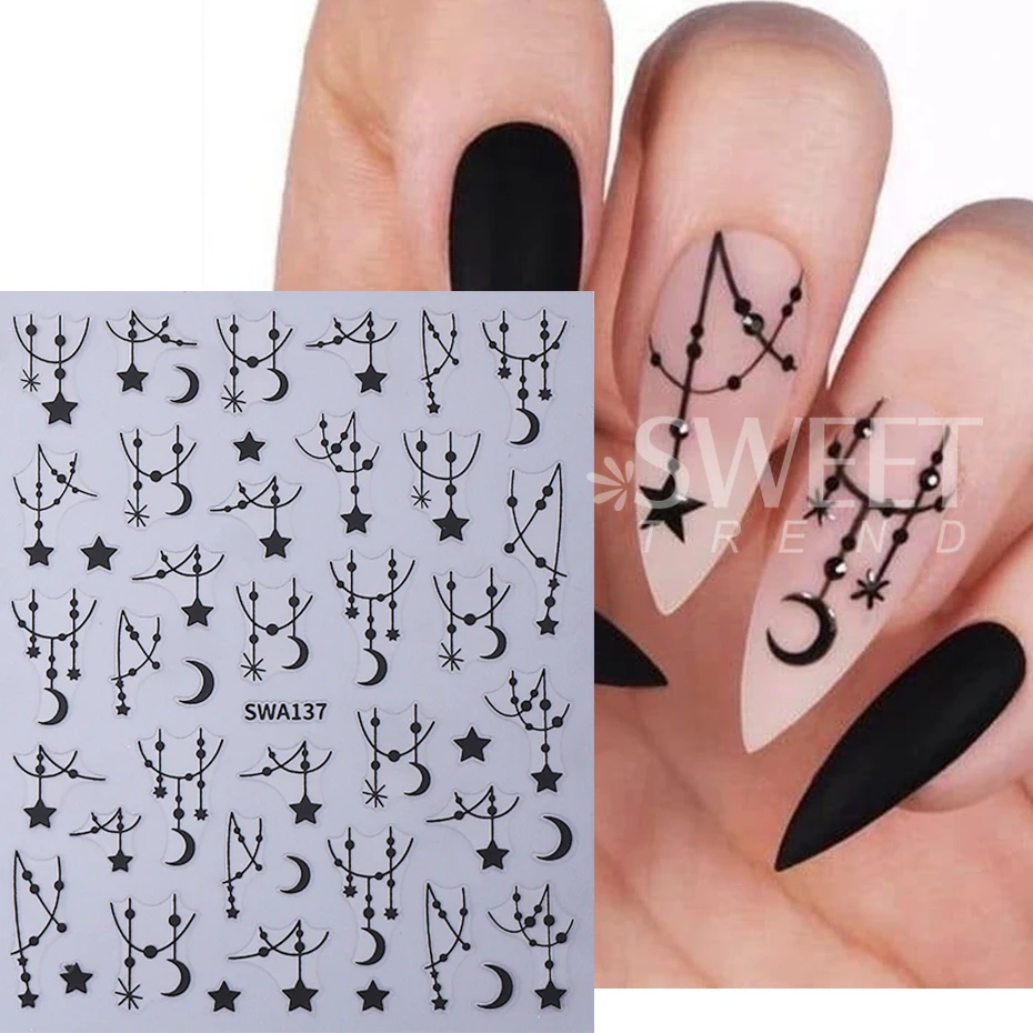 2pcs Bohemian Style Nail Stickers Silver Black Star Moon Chain Stripe Self-adhesive Nail Decals DIY Manicure Slider Decoration
