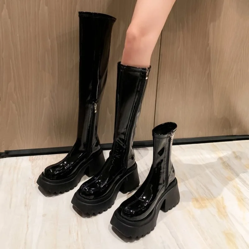 Punk Style Woman Knee-High Boots Zipper Fashion Patent Leather Long Booties Autumn Winter High Heel Ladies Shoes