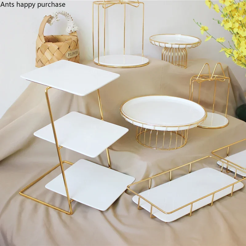 Golden Wrought Iron Dessert Table Cake Stand White Ceramics Fruit Tray Three-tier Snack Rack High Foot Display Stand Cake Pan